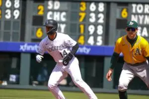 Ezequiel Tovar at first base waiting for the next batter. This picture was taken during opening weekend at the Coors Field Stadium against the Oakland Athletics on May 4-6, 2025. #coorsfield #baseball #venezuela #mlb #rockies #colorado #denver #openingday #openingweekend #oakland #runner #firstbase #shortstop #mlbvenezuela #savagesmedia #flexsessions #flex #sessions #carlosmontosapr #carlosmontosa #laesquinadeldiamante #esquinadiamante